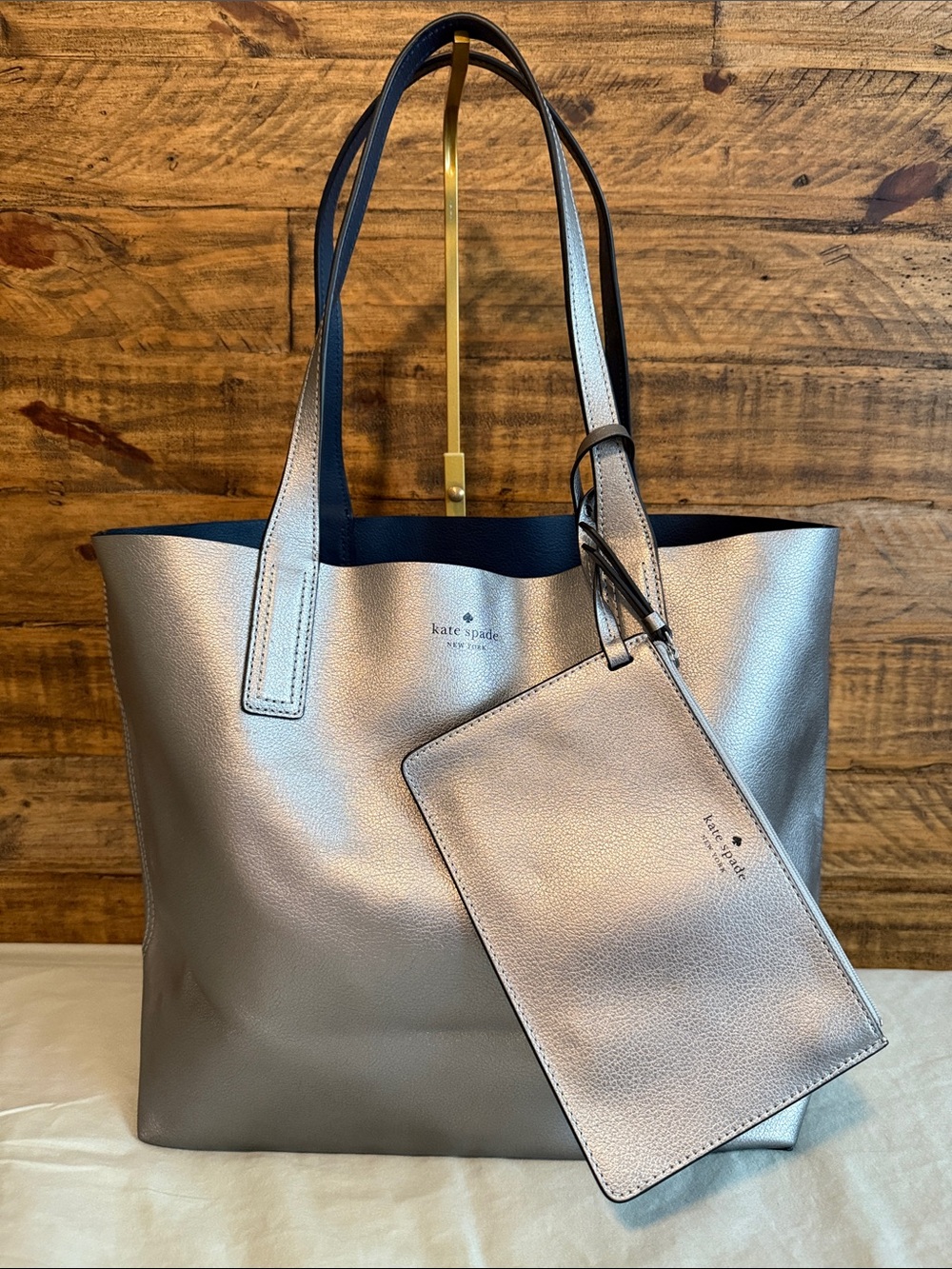kate spade Metallic Silver Reversible Tote with Wristlet